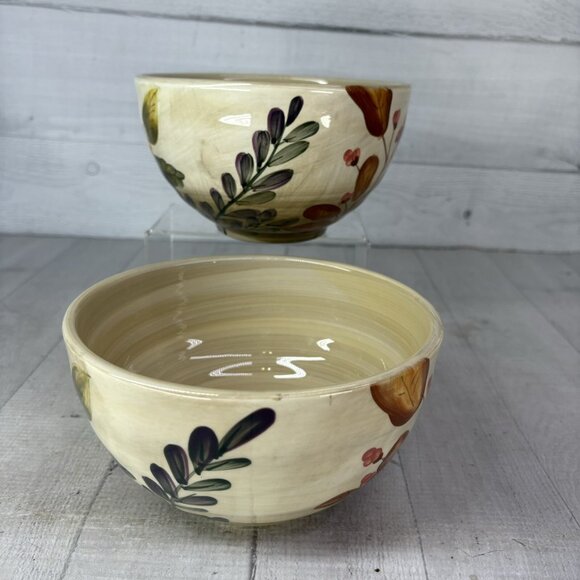 Home Trends SHADOWWOOD Tan Stoneware Leaves Flowers Large All Purpose Bowl Set 2 - Picture 5 of 16